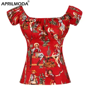 Женская блузка в стиле Харадзюку 50s с принтом в стиле вестерн для девочек, винтажные Короткие топы с пышными рукавами, рубашки в стиле ретро, облегающие красные вечерние рубашки, летняя одежда