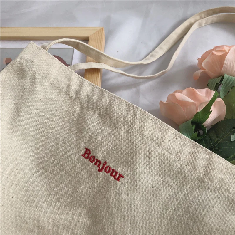 

Women's Canvas Shoulder Bag Bonjour Embroidered Ladies Casual Handbag Totes Reusable Large Capacity Cotton Shopping Beach Bag