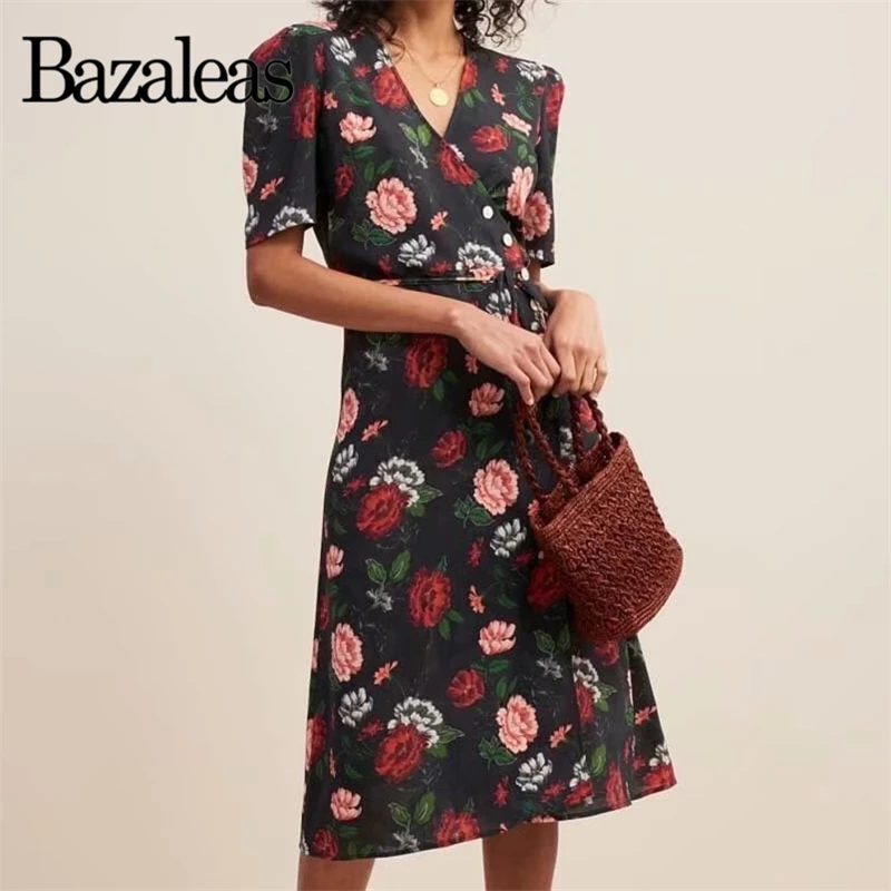 Bazaleas Франция Arles цветочный принт Черный vestido модное крепление галстук боковые