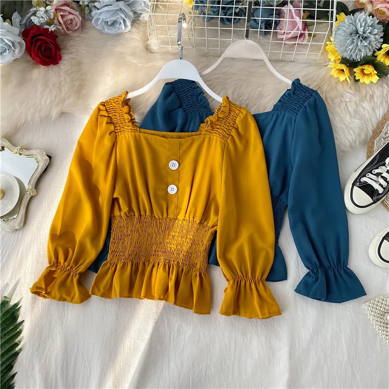 Женская блузка с длинным рукавом короткая однотонная открытой талией листьями