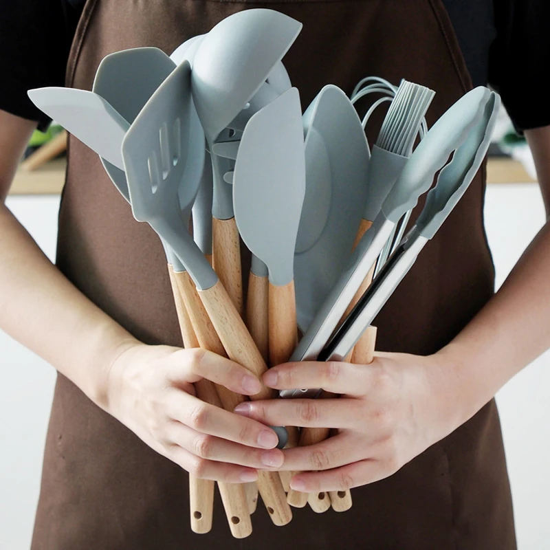 Силиконовая кухонная утварь набор деревянная ручка лопатка суповая ложка