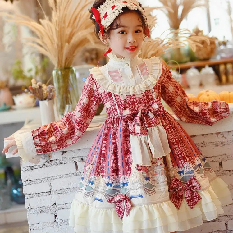 

4 Colours Kids Spanish court style dress Sweety girls lolita dress kawaii lattice Princess dress children victorian dress