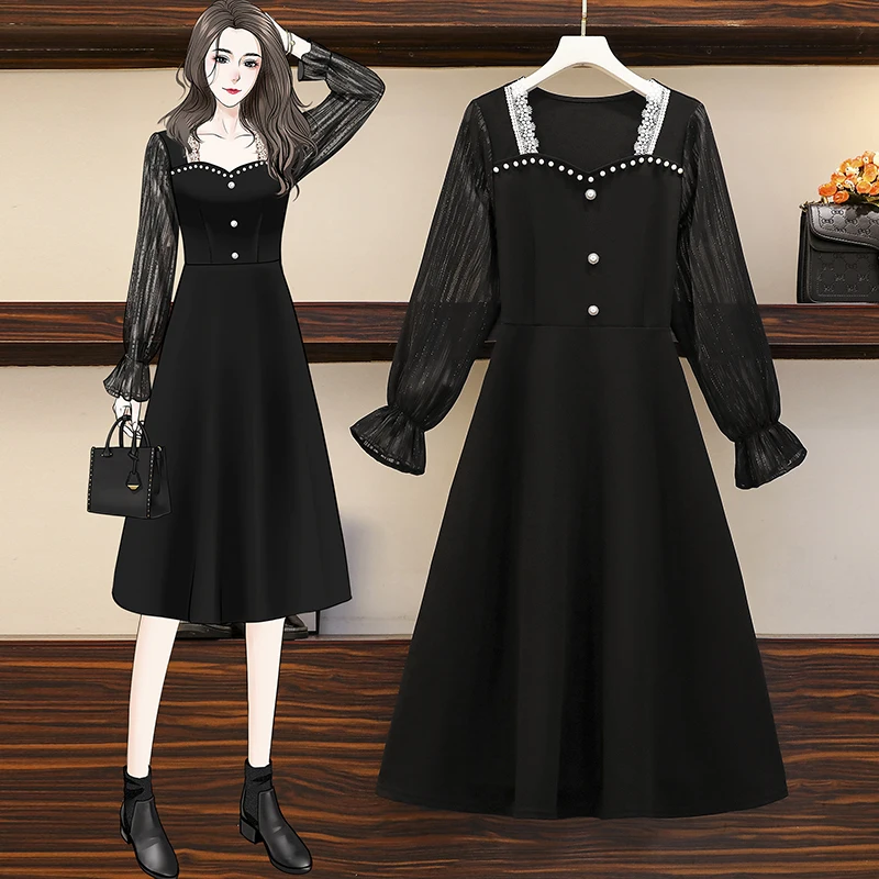

5XL Plus Size Women Beading Dresses Spring 2021 Lace Square Collar Patchwork Long Sleeve Elegant Ladies Korean Midi Dress Black