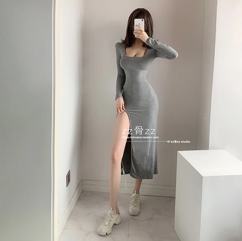 

MDNG New Sexy Square Collar Solid Color Elastic Thin Temperament Simple And Fashion Long Sleeve Sexy Women Dress OIY5