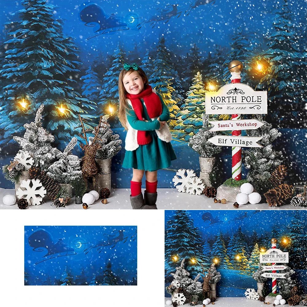 

Christmas Winter Snow Night Backdrop Santa Reindeer Background Trees Photo Studio Props New Year Wallpaper Family Party Decor