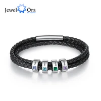 personalized stainless steel men bracelets with name engraved beads custom birthstone black multilayer leather bracelets for men