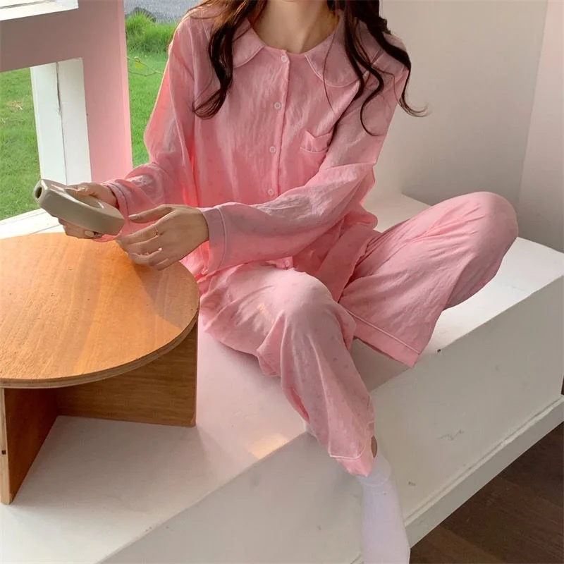 QWEEK Women's Cotton Pajamas Kawaii Doll Collar Heart-shaped Pijamas Solid Color Green Pink Sleepwear Spring Autumn Pyjamas Cute