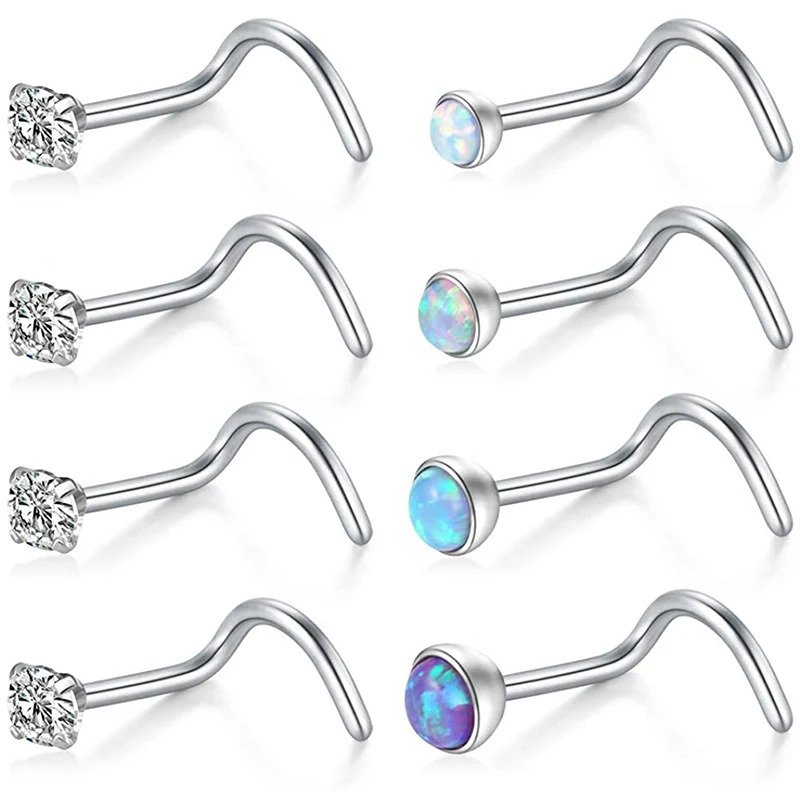 20G 18G 1PC 7mm Opal Cubic Zirconia Nose Stud Ring Screws Surgical Steel Piercing Jewelry |