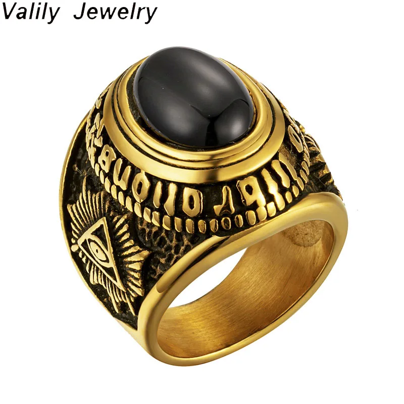 

Valily fashion religious Stainless steel Cool Unique satan goat Black Stone Ring Titanium Steel Retro Old Totem Jewelry For Man