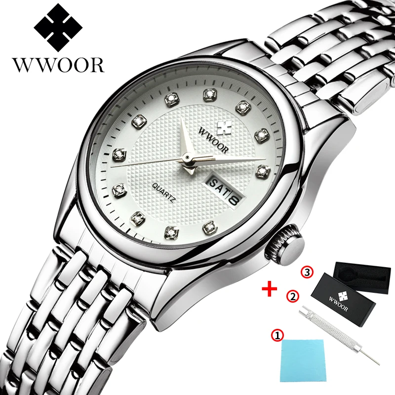 White WWOOR, бренд, модные женские часы, кварцевые часы, платье, женские повседневные спортивные наручные часы, ремешок из нержавеющей стали, красный циферблат, zegarek - Цвет: White