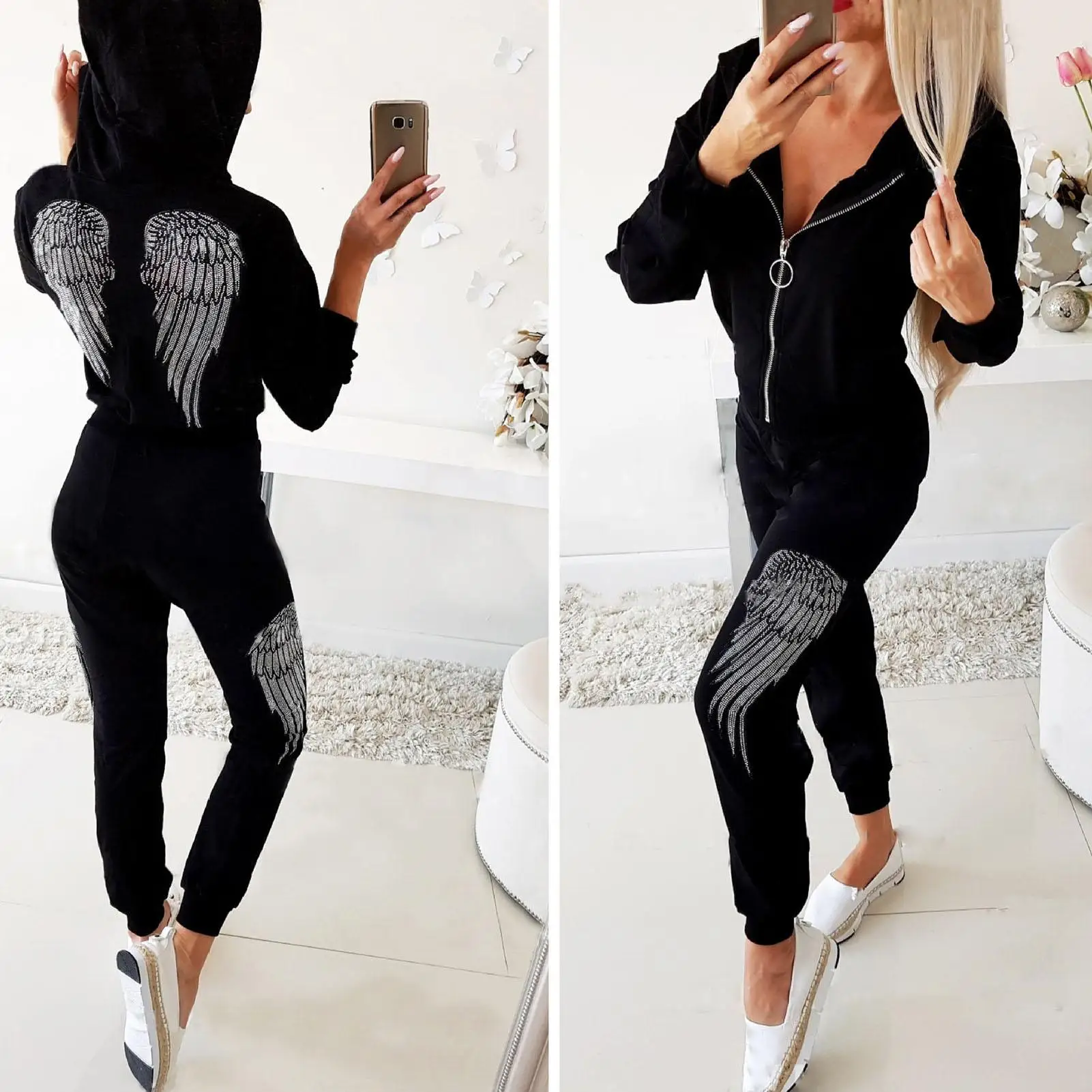 Tracksuit Women Sports Suit 2 Piece Set Autumn Winter Print Punk Style Slim Leisure Women's Hoodies Sweatpants Trend Suits 2021