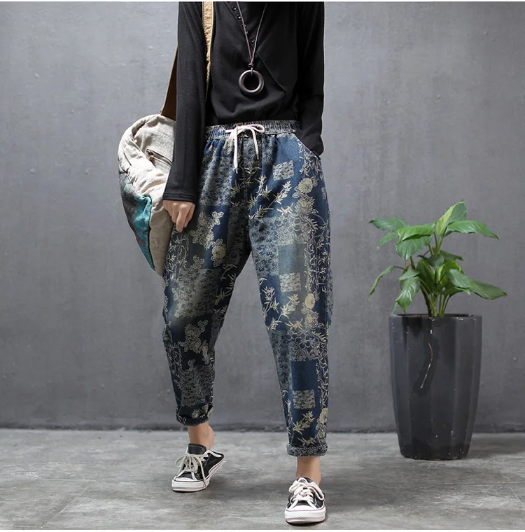 Женские джинсы с винтажным принтом свободные шаровары высокой талией