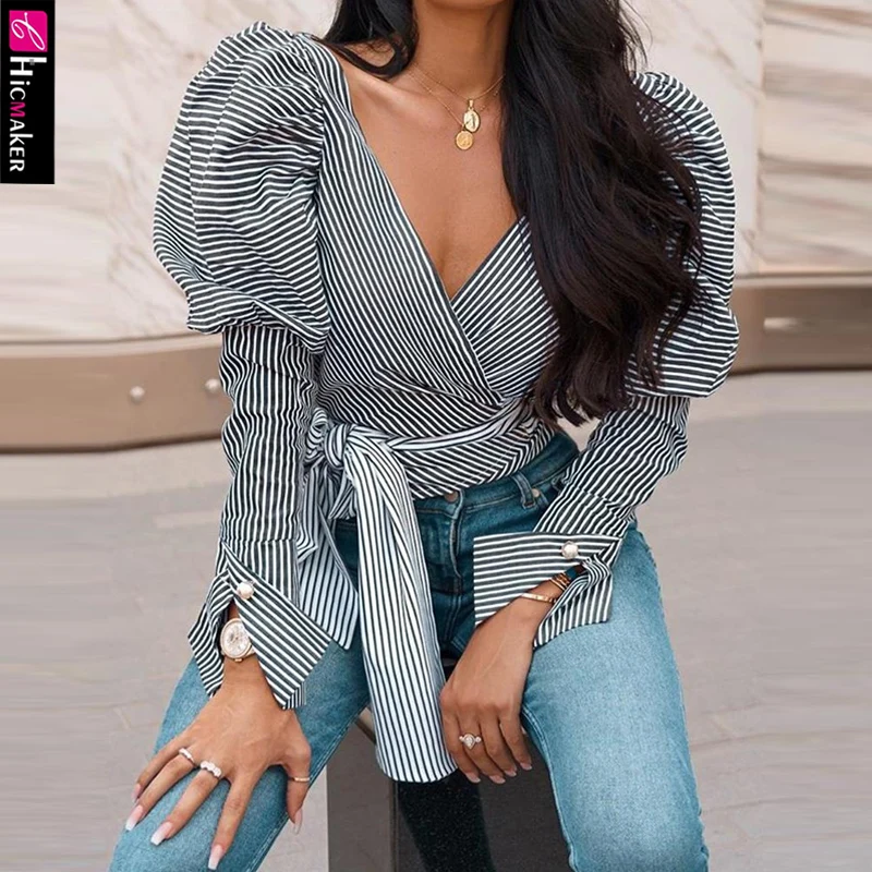 Женский топ в полоску с пышными рукавами и завязками на талии длинный рукав