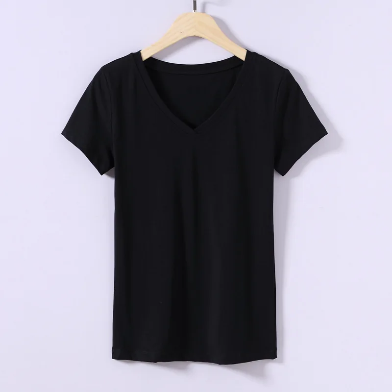 

2021 new V-neck Korean fashion girl solid color short sleeve T-shirt women's wear bottom shirt pure cotton slim 1805