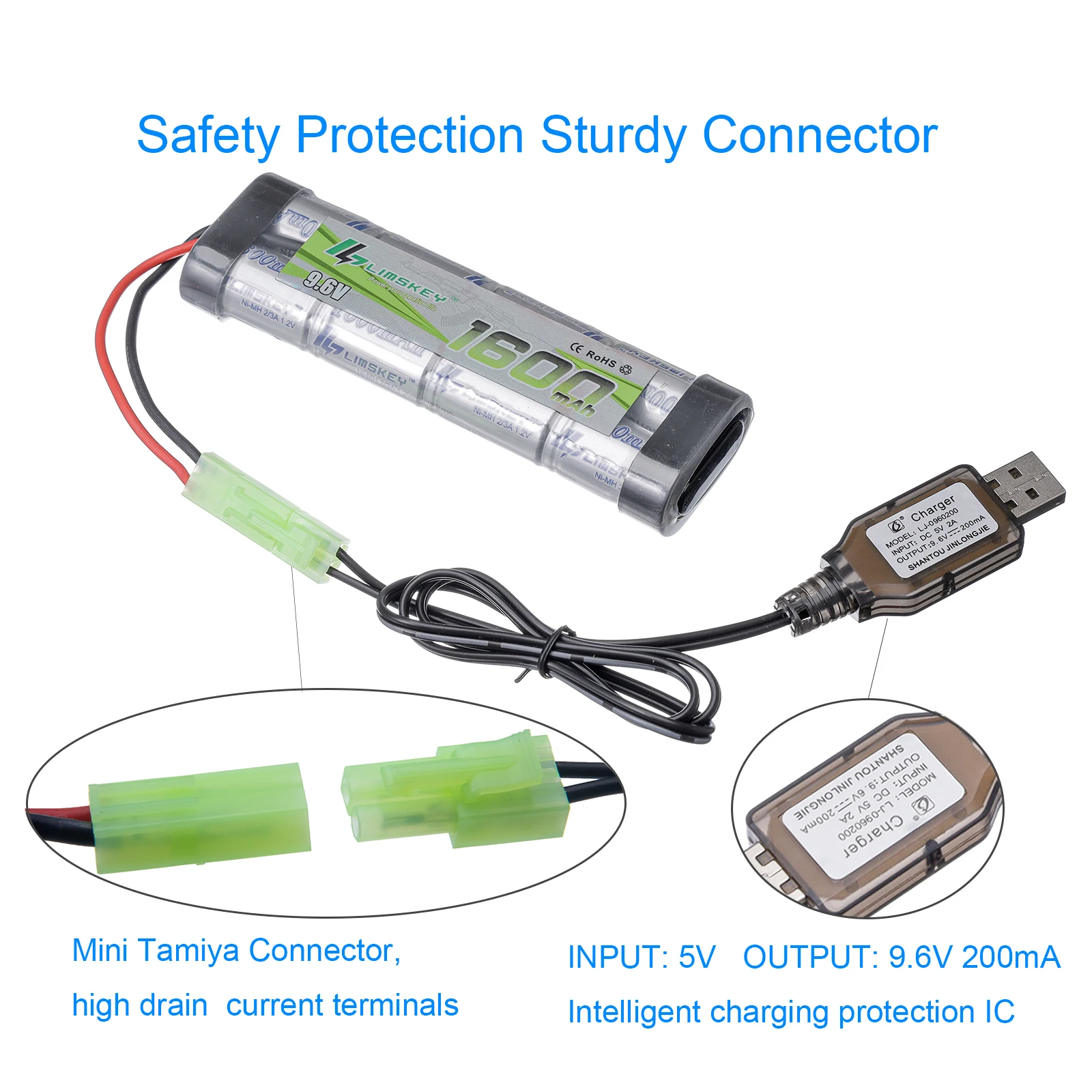 

2pcs Limskey 8S 2/3A 9.6v 1600mAh NiMH Flat Battery Pack with Mini Tamiya for Airsoft Guns Mini AK series or modified AEG's