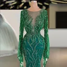 Женское вечернее платье-русалка, роскошное зеленое платье с длинным рукавом, с блестками, украшенное бисером, марокканский кафтан, мусульманское платье для выпускного вечера, 2021, размера плюс