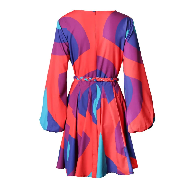 

Best selling women's dress season new fashion print short belt lantern sleeve pleated A- line skirt