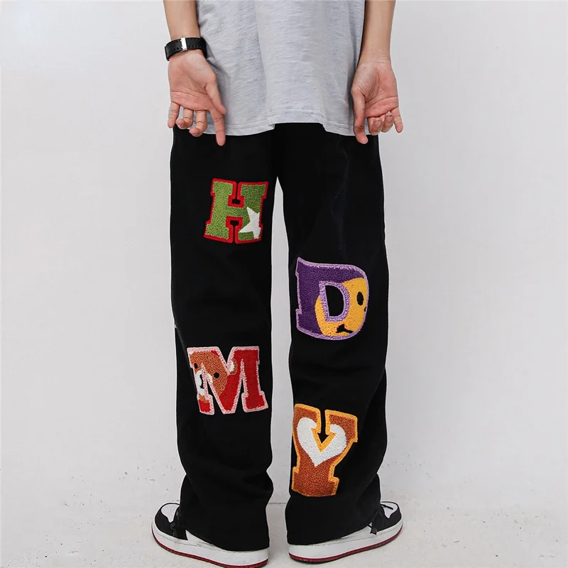 

Letter Embroidery Casual Pant Men Hip Hop Streetwear Loose Drawstring Sweatpants Mens Japanese Harajuku Straight Cargo Pants