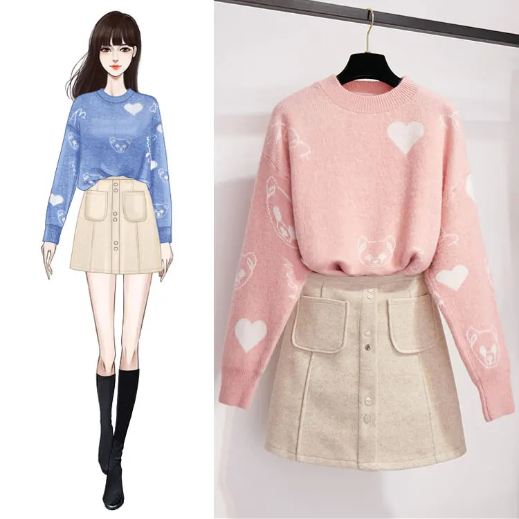 Женский твидовый костюм свитер с воротником хомутом и карманами Трикотажный из 2