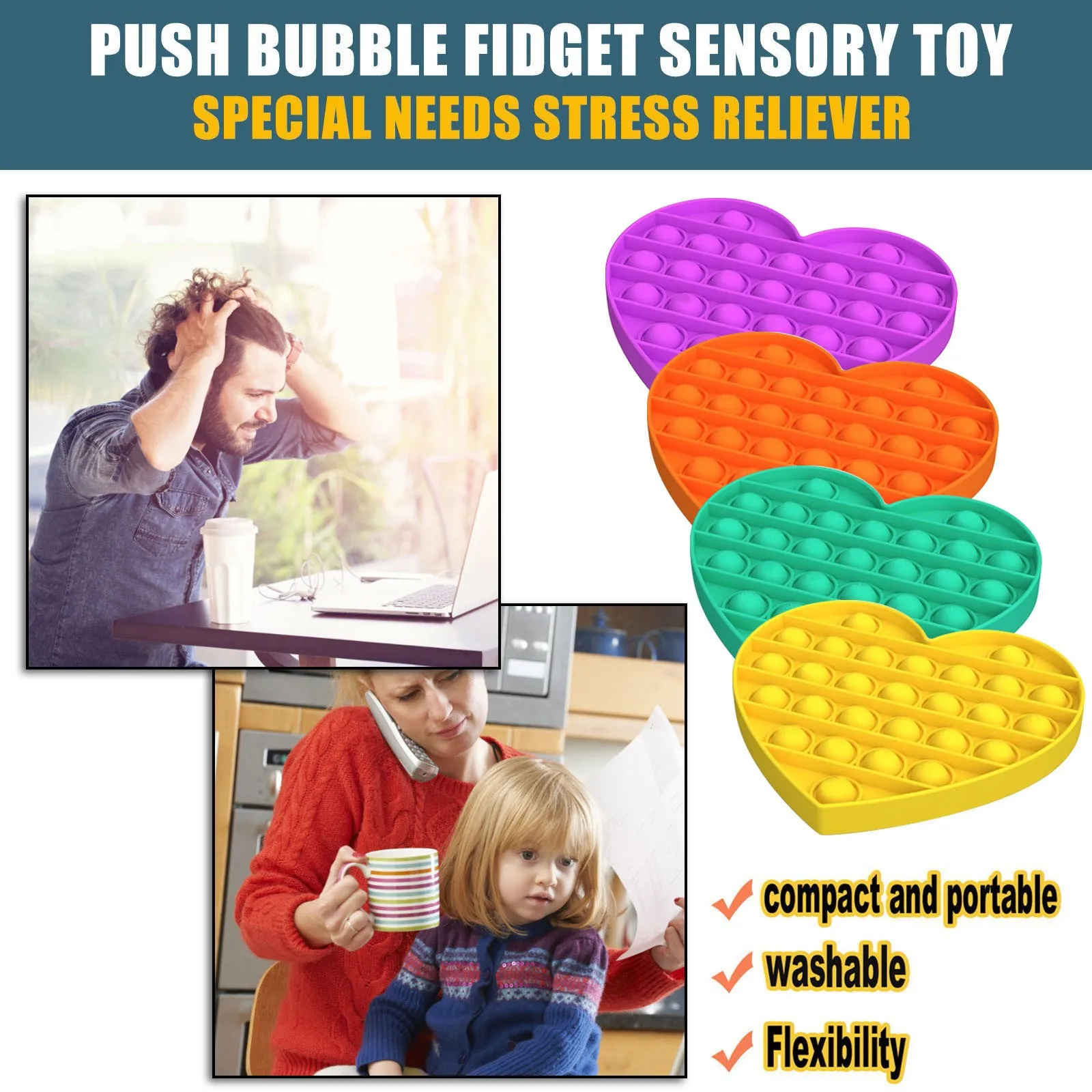 

4pcs Funny Antistress Toys Push Bubble Fidget Sensory Toy Love Shape Adult Kids Autism Special Reliever Toys Squishy A
