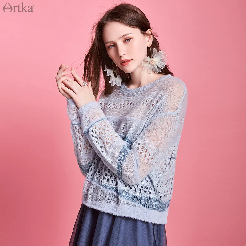 ARTKA 2020 Spring New Women Knitwear Fashion Loose Long Sleeve Thin Wool Sweater Hollow Out Pullover Mohair YB20100C | Женская одежда