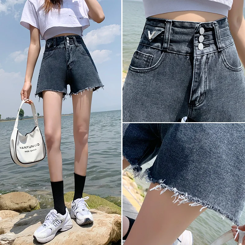 

Summer new high-waist fringed denim shortsKorean women's fashion casual wide-leg hip-lifting A-line hot pants 3XL free shipping