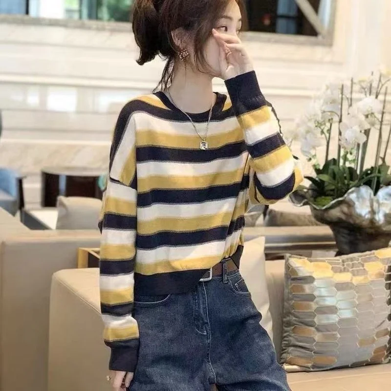 

Striped knitted sweater women spring and autumn clothes 2021 new fashion foreign style loose round neck bottoming top all-match