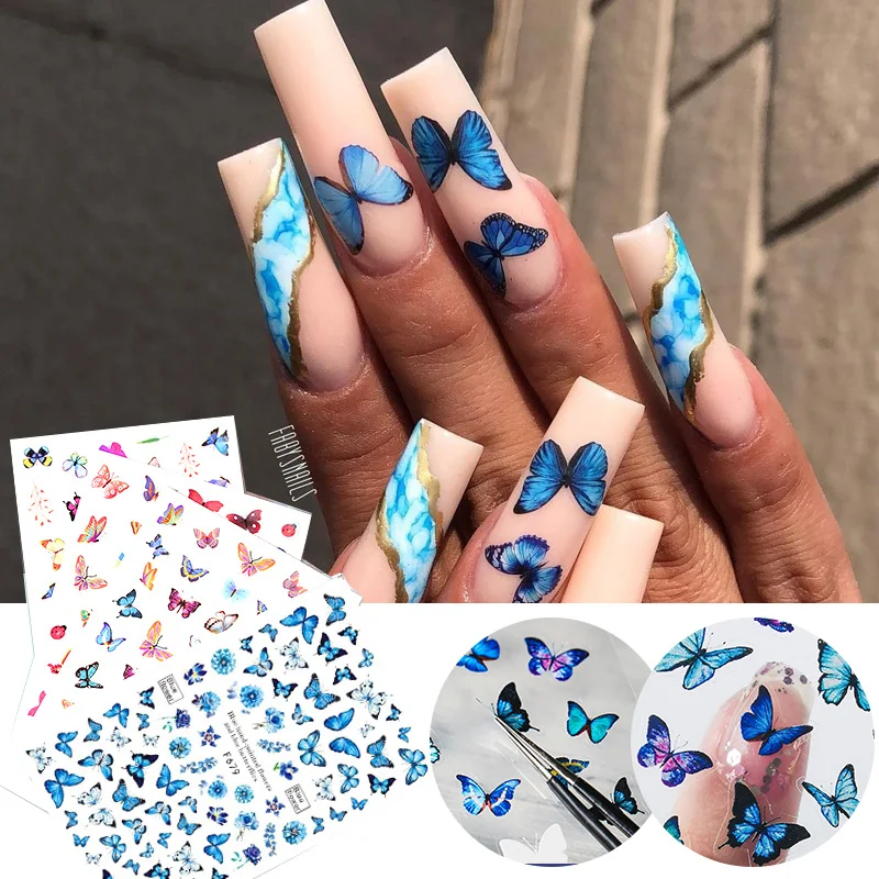 

1 Sheet 3D Nail Stickers Blue Butterfly Flowers Leaves Transfer Sliders Wraps Manicures Nail Foils Art Decal DIY Decorations