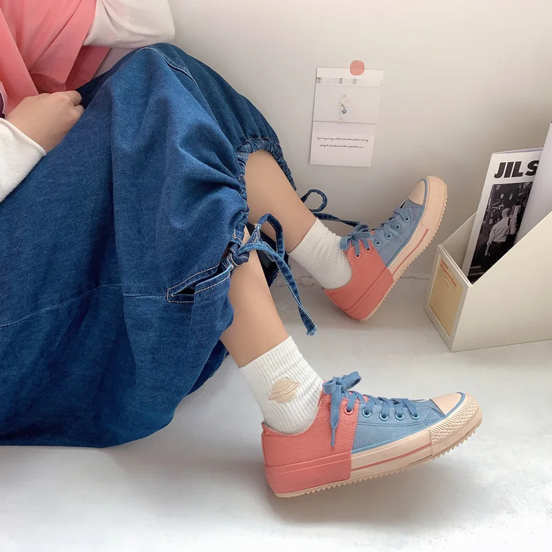 

Korean Ulzzang Low-cut Lace-up Canvas Shoes Women New Students Color Matching Casual Board Shoes Women