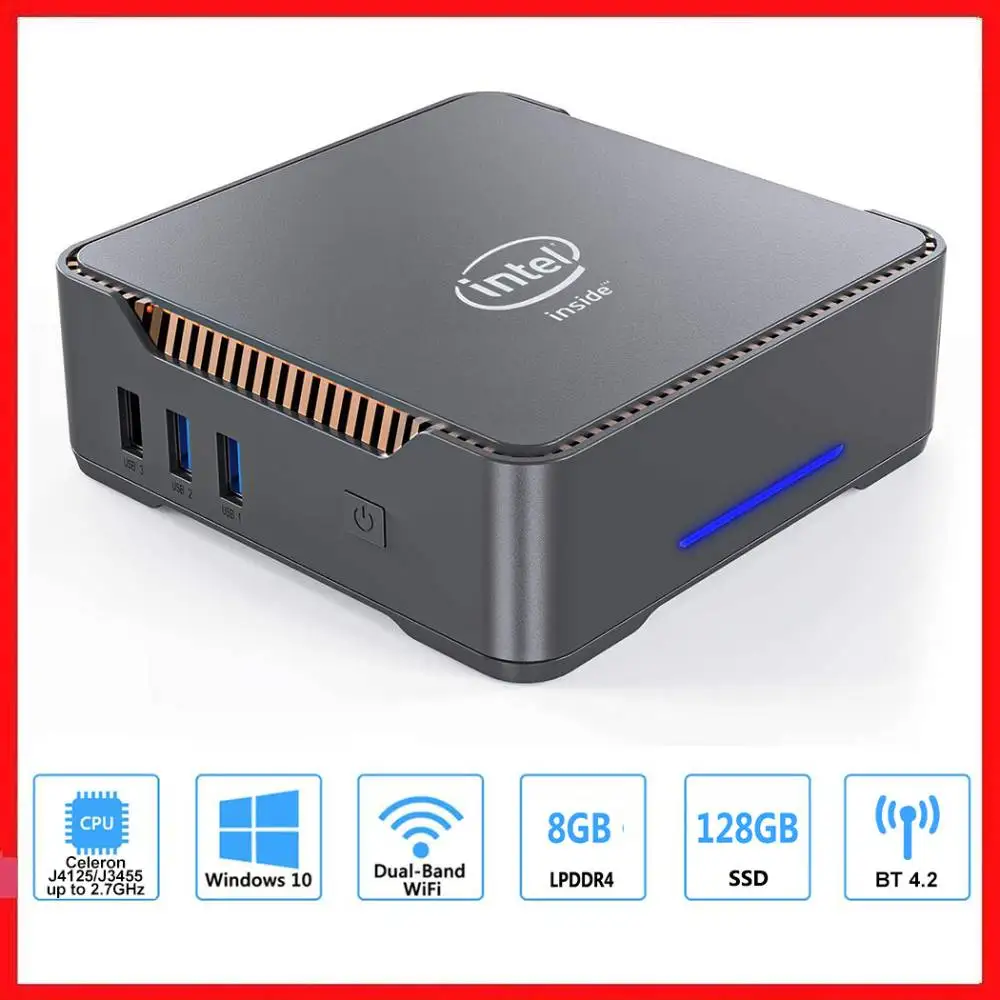 

Мини-ПК Intel Celeron J4125 J3455, 4 ядра, LPDDR4, 8 + 128 ГБ, Windows 10
