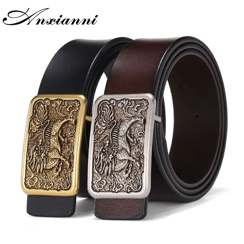 Мужской ремень с гладкой пряжкой из натуральной кожи в стиле ретро|Мужские ремни|