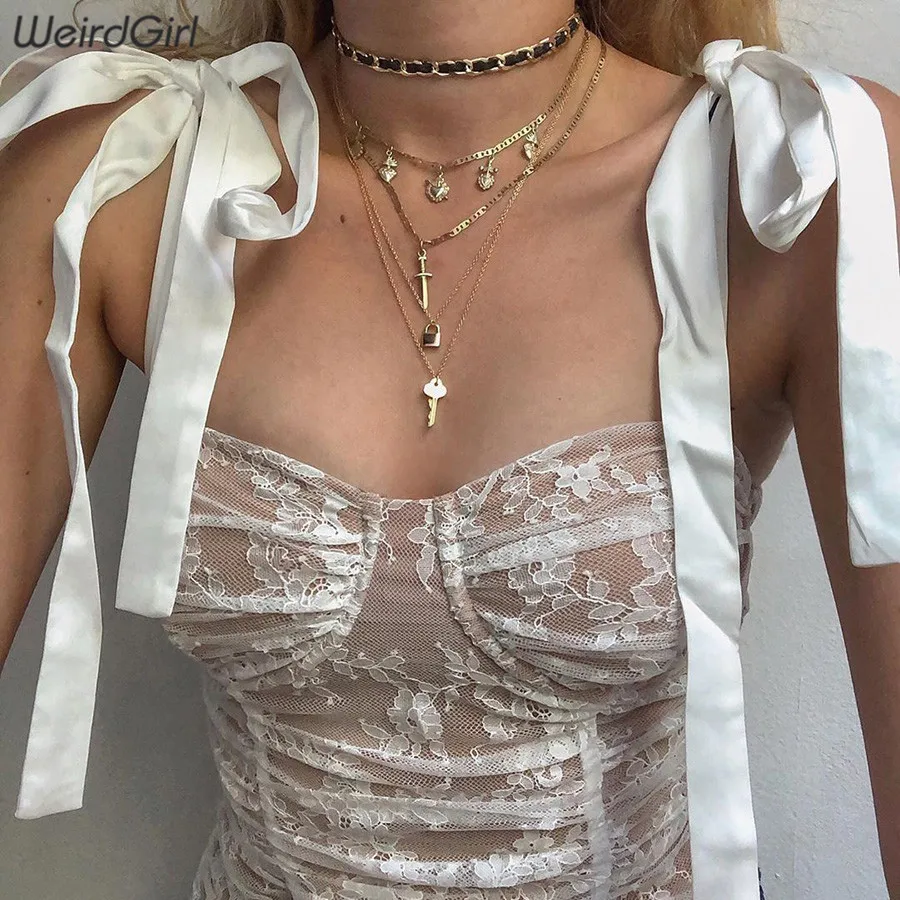 Whatiwear Для женщин бретели Sexy с лямкой на шее двойным бантом клуб кружевные