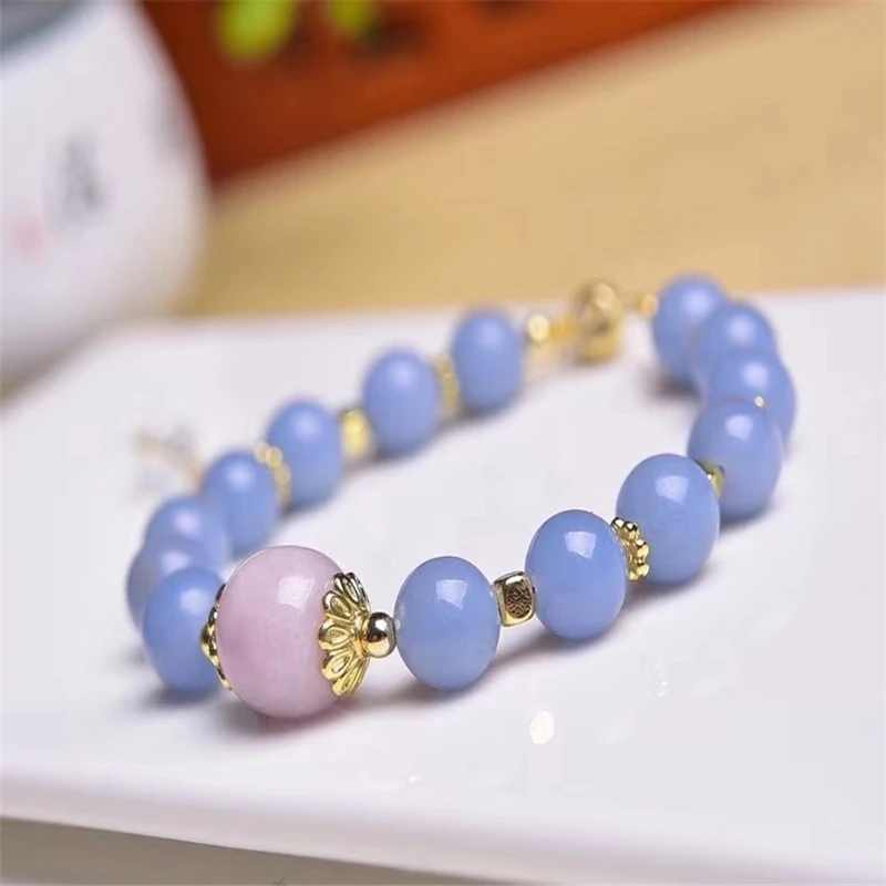 

Браслет из натурального камня Голубой анелит фиолетовый литий-серый круглый браслет из бисера одиночный эластичный романтичный браслет дл...