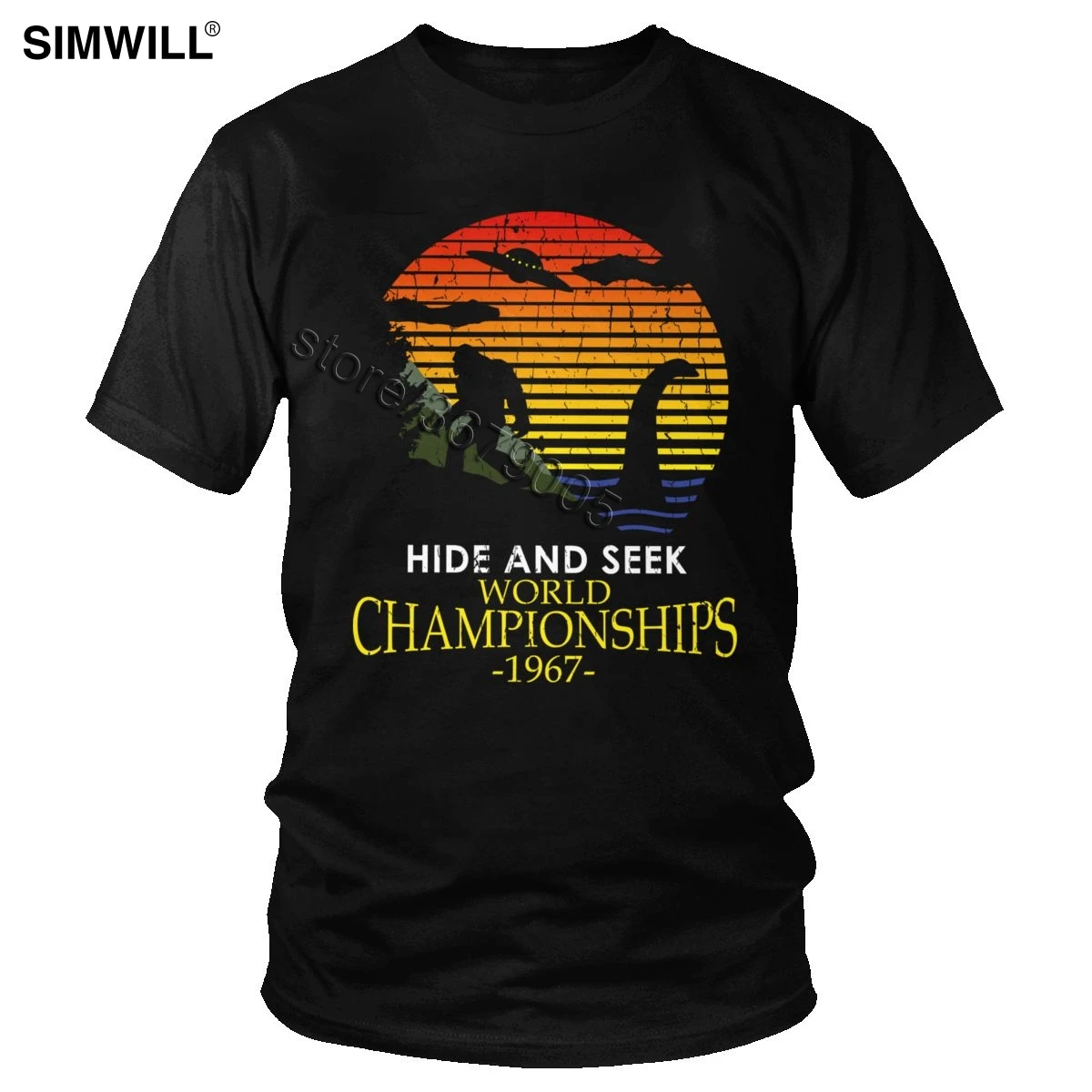 

Funny T Shirt Hide And Seek World Championships 1967 Tshirt Men Print Cotton T-shirt Short Sleeved Bigfoot and Dinosaur Tee Tops