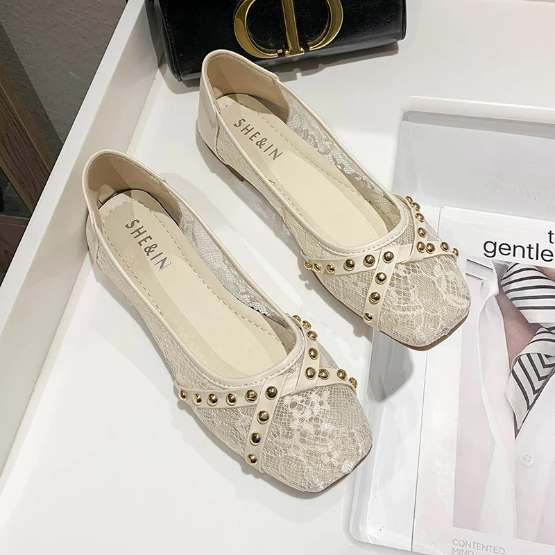 

Женские сетчатые балетки, дышащие туфли на плоской подошве, без застежки, с заклепками, бантом, повседневная обувь