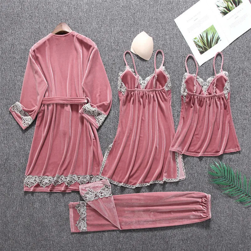 

Women Velvet Kimono Gown Soft Velour 4PCS Pajamas Set Casual Intimate Lingerie Home Clothes Sexy Lace Bathrobe Nightgown