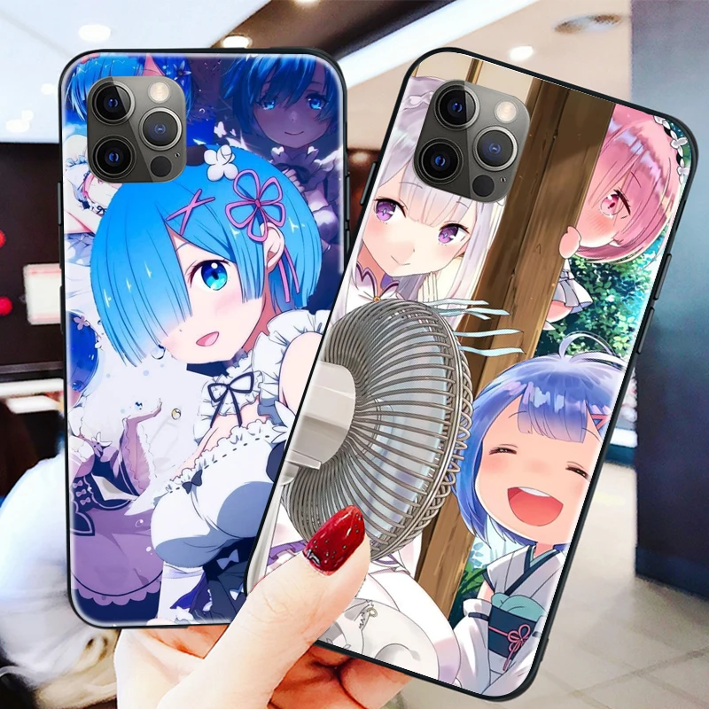 

Phone Case for iPhone 12 11 XS XR X Pro Max 8 7 6S 6 Plus SE 2020 Tempered Glass Funda Back Cover Anime Re ZERO Ram Rem In