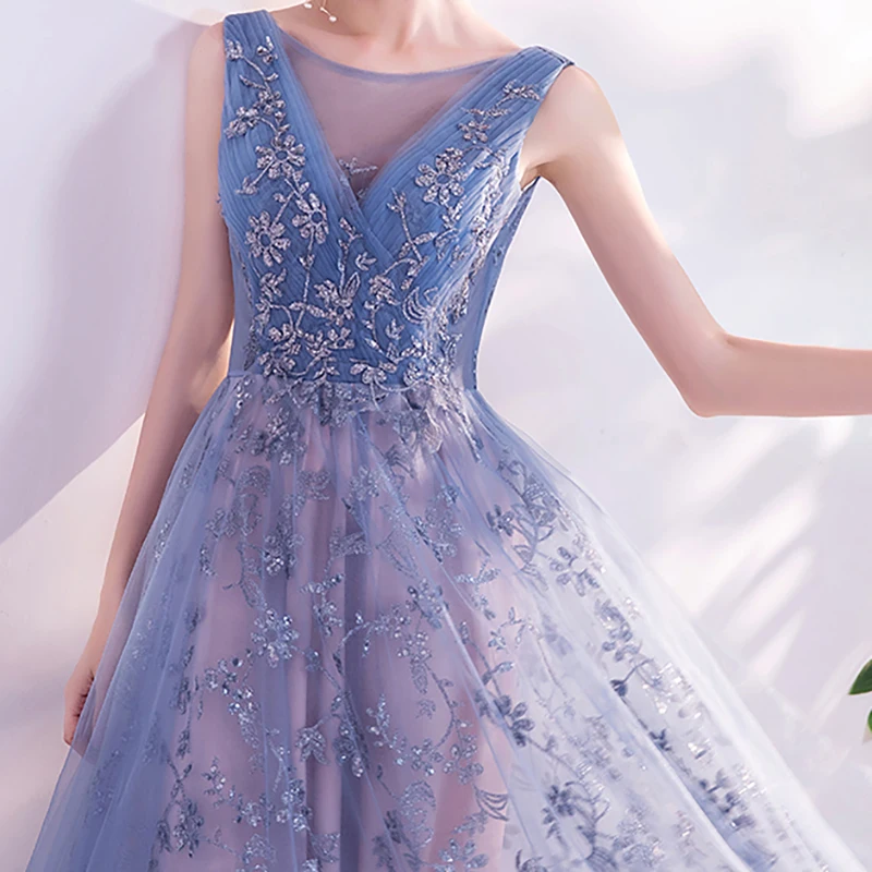 

Blue Luxury Evening Dress Illusion Pleat Lace Sequined Elegant Simple Tulle Sleeveless A-Line V-Neck Women Formal Dresses TS382