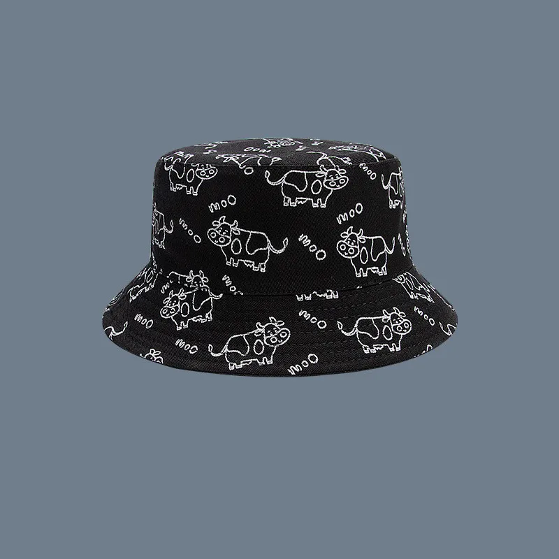 

New double-sided cartoon cow fisherman hat female Korean version of the sun-shading sunscreen show face small simple basin hat