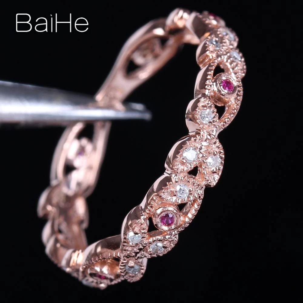 BAIHE Solid 14K розовое золото(AU585) 0.2CT Certified H/SI круглые натуральные бриллианты и рубины обручальное кольцо модные ювелирные украшения Подарочное кольцо