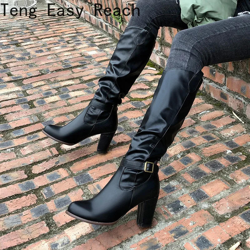 

New Women Pleated Knee High Boots Women Western Cowboy Boots Sexy Round Toe Slip-On Shoes high heels Boots Large Size 46