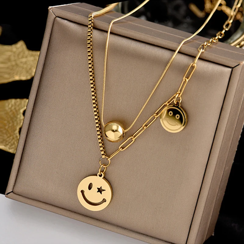 

MEYRROYU Stainless Steel Double Layer Gold Color Smile Necklaces Trendy Simple Necklaces Accessories 2021 Fashion Girl's Collier