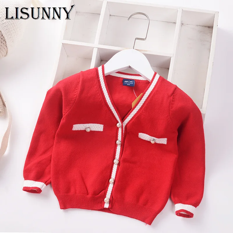 

Girl Cardigan Sweater Autumn Winter 2021 V-Neck Pockets Infants Children Cotton Knitwear Baby Kids Coat Toddler Clothes 0-5y