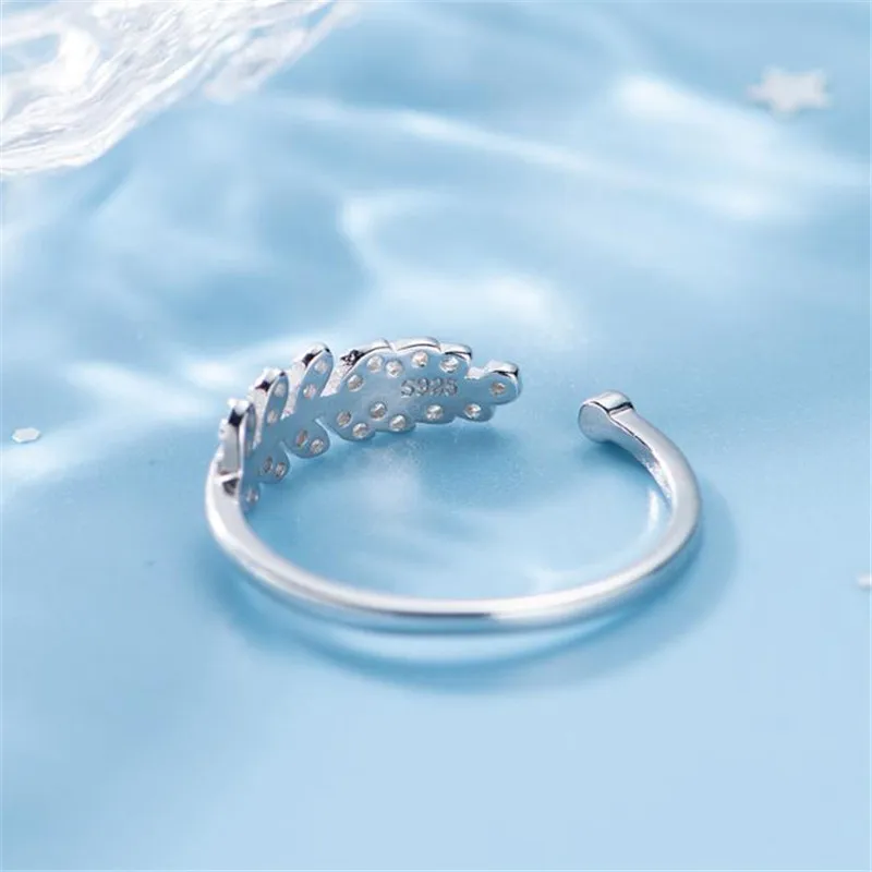 

POFUNUO Stylish Girls 925 Sterling Silver Rings AAA Zircon Leaf Shape Opening Rings Simplicity Sweet Students 925 Fine Jewelry