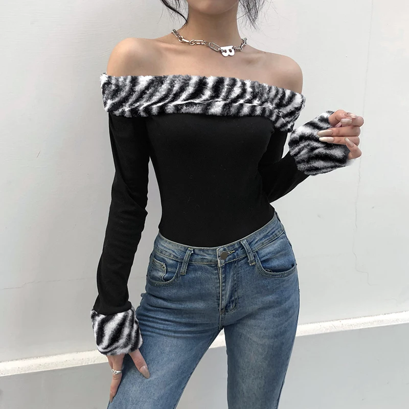 

Zebra Lines Plush Splicing Women's Sexy T-shirts Slash Neck Spring 2021 Winter New Casual T-shirt Women Bar Club Slim Undershirt