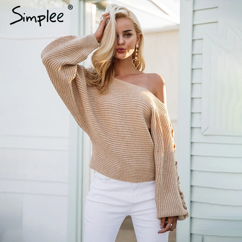 Simplee Sexy lace up winter knitted sweater pullover Women one shoulder loose jumper Autumn batwing sleeve gray | Женская одежда