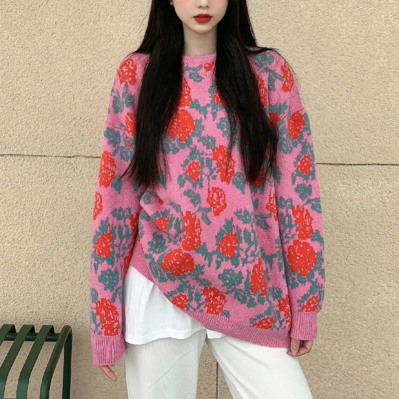 

Kimutomo Women Sweater Casual Spring Autumn 2020 Korean Fashion Ladies O-neck Floral Long Sleeve Pullovers Outwear Loose