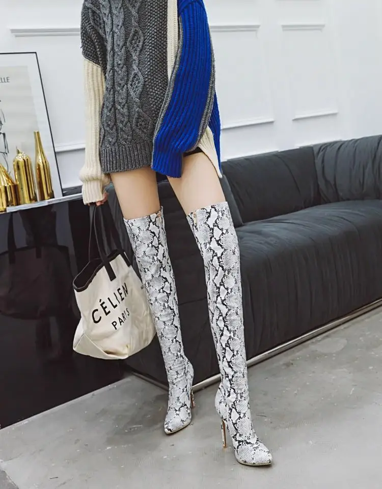 Buono Scarpe/женские ботфорты до бедра с животным принтом пикантные ботфорты на выпускной со змеиным принтом; Botas Mujer; высокие сапоги на тонком высоком каблуке;