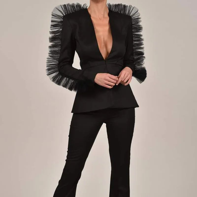 2019 New Deep V-Neck Mesh Spliced Sexy Women Blazer and Shorts Set Long Sleeve Autumn Two Piece Black Casual |