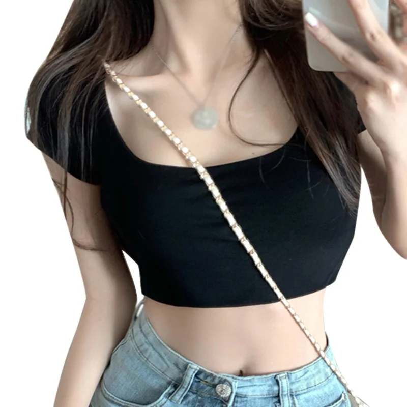 

Summer Slim Sexy Crop Top Women Short Sleeve U Neck Stretch Basic Tshirts Korean Style Slim Fit Female T-shirt Tees Tops 2 Color
